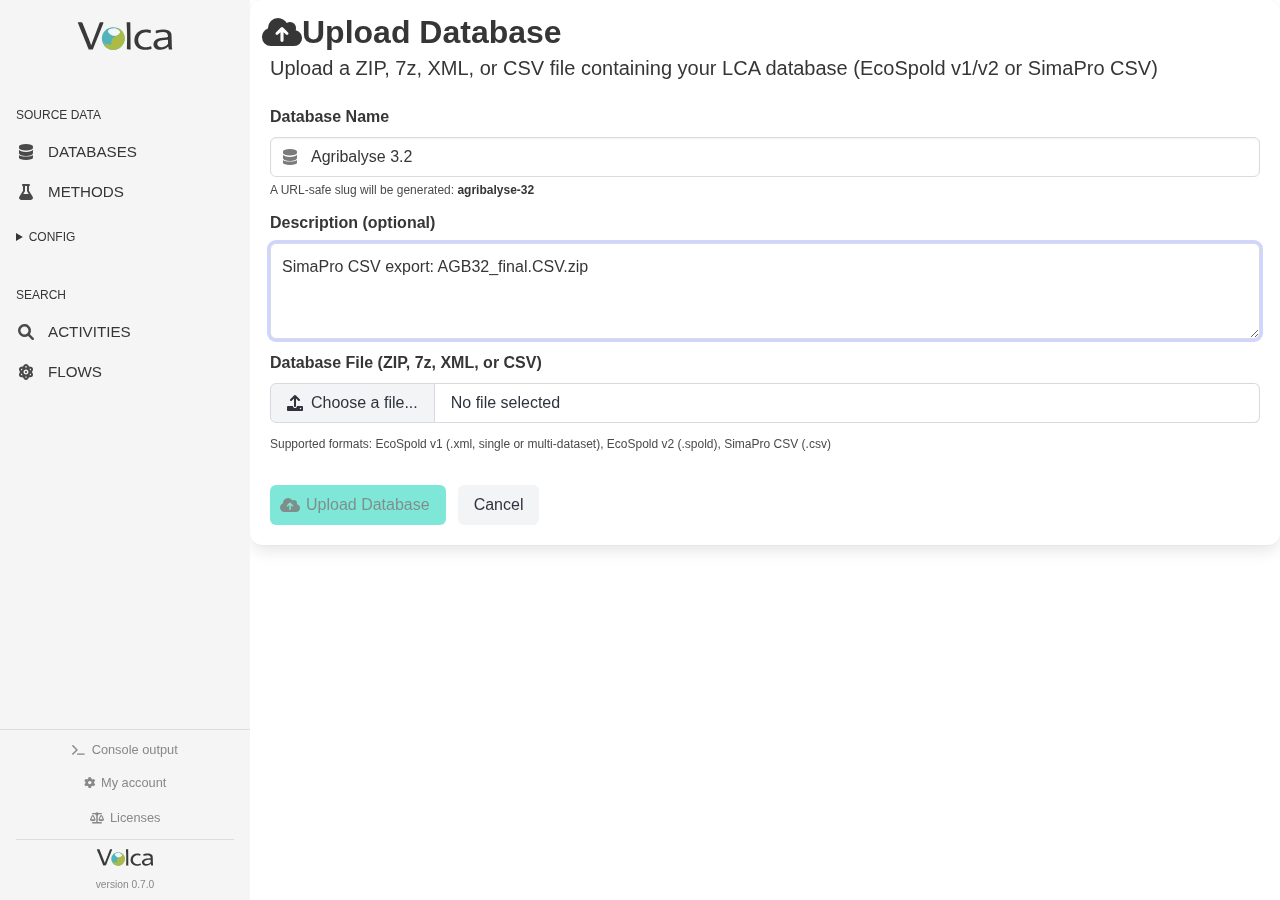 Volca database upload form filled with Agribalyse 3.2 as the database name and a SimaPro CSV export description, showing support for SimaPro CSV database files.